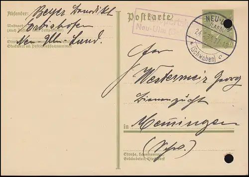 Landpost Diepertshofen / Neu-Ulm (Schwab)-Land 24.3.33 auf Postkarte P 199I