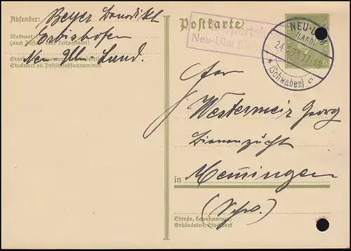 Pays-Bas: Diepertshofen / Neu-Ulm (Schwab) Pays 24.3.33 sur carte postale P 199I