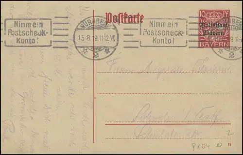 Bayern Postkarte 10 Pf. Volksstaat NÜRNBERG - Nimm ein Postscheckkonto - 15.8.19