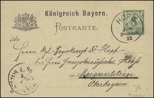 Bayern Postkarte HOF II.6.6.95 an Bezirksarzt in MARQUARTSTEIN/Oberbayern 7.7.95