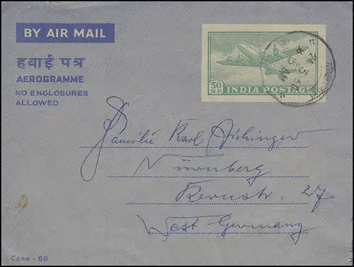 Indien Aerogramm Propellerflugzeug 50 N.P. grün am 24.3.60 nach Nürnberg