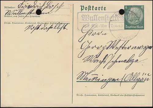 Landpost Wullenstetten über NEU-ULM (SCHWABEN) 31.3.41 auf Postkarte P 226I