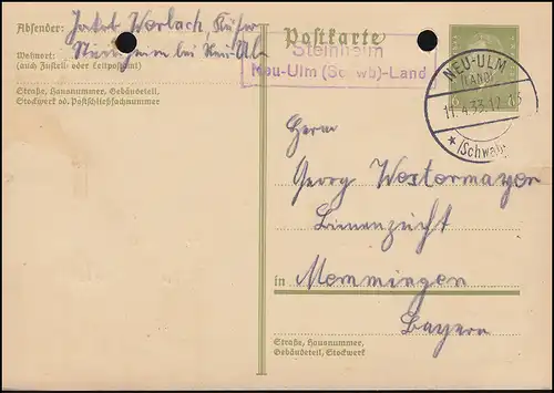 Landpost Steinheim / Neu-Ulm (Schwab)-Land 11.4.33 auf Postkarte P 199I