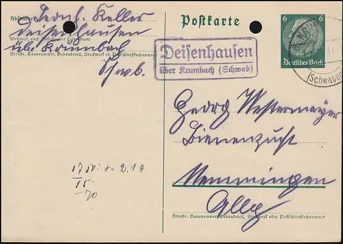 Pays-Bas: Deisenhausen sur KRUMBACH (SÉPARATION) 1.6.41 sur carte postale P 226I