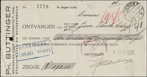 Niederlande Zahlschein OMMEN 3.4.25 von Groningen 4./7.4.1925 & roter Z-Stempel