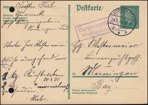 Landpost Burgmagerbein Nördlingen-Land auf Postkarte P 181I, NÖRDLINGEN 24.6.30