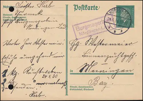 Payspost Burgmagerbein Nördlingen-Land sur carte postale P 181I, NUrdLINGEN 24.6.30