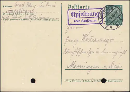 Landpost Apfeltrang über KAUFBEUREN (LAND) 2.7.1936 auf Postkarte P 226I