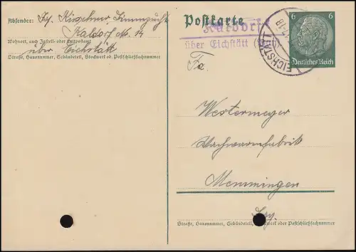Landpost Kaldorf über EICHSTÄTT (BAY) 14.5.1937 auf Postkarte P 226I