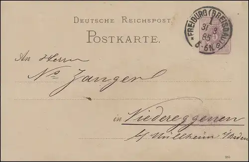 Carte postale P 12/02, paragraphe 5 Pf. DV 285, FREIBURG (BREISGUA) 1 e - 31.3.1885