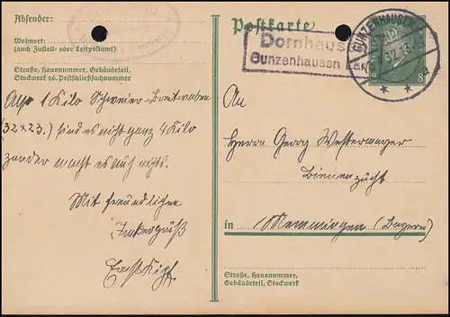 Landpost Dornhausen Gunzenhausen Land auf Postkarte P 226I, GUNZENHAUSEN 12.4.32