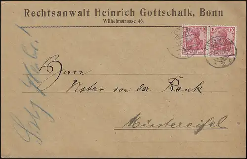 Germania 2x 10 Pf. Bf Rechtsanwalt Gottschalk BONN 8.6.07 n. Münstereifel 8.6.07