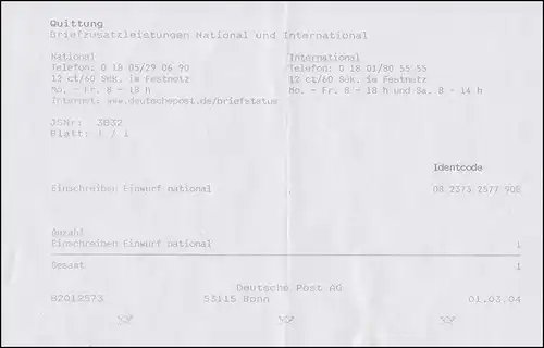 2344 Nouveaux codes postaux MiF R-Bf SSt Bonn Tampon quotidien des machines BZ 1.3.2004