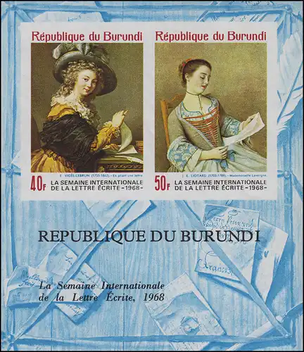 Burundi: Lettres internationales Peintures La Lettre 1968, bloc UNDIÉ **
