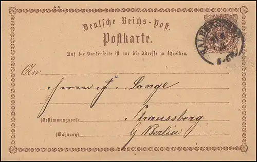 Carte postale P 1 Adler 1/2 Gr. Encerclement HEMIERVILLE 21.6.1873 n. Strausberg/Berlin