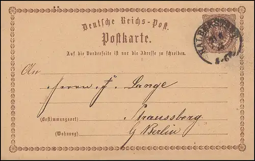 Postkarte P 1 Adler 1/2 Gr. Einkreis HALBERSTADT 21.6.1873 n. Strausberg/Berlin