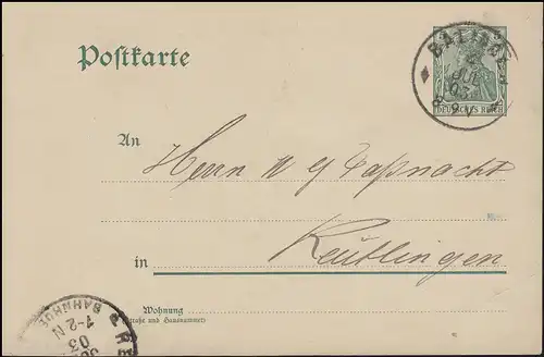 Carte postale P 64X Germania 5 Pf WZ.2 BALINGEN 2.7.03 après REUTLINGEN Juillet 1903