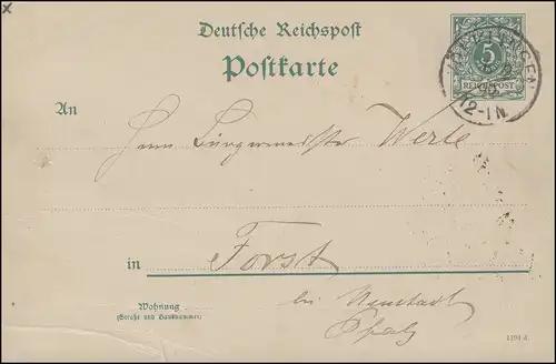 Carte postale P 30I, paragraphe 5 Pf. DV 1191 d, VÖLKLINGEN 6.2.1892 par forêt/Nouveau-ville