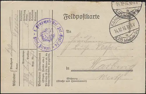 Feldpostkarte K.D. Feldpostexp. der 213. Infanterie-Division 14.12.16 n. Warburg