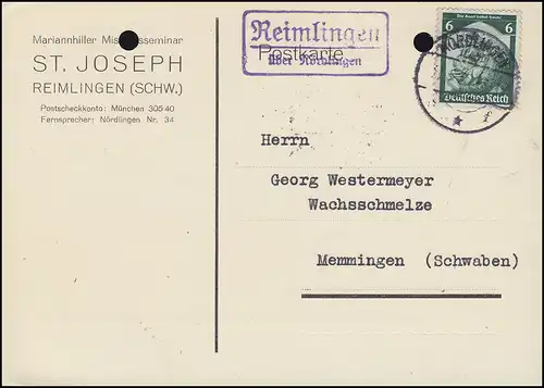 Landpost Reimlingen via NURDLINGEN 31.5.35 sur carte postale avec EF 6 Pf.