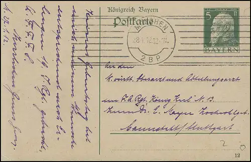 Bayern Postkarte MÜNCHEN 2.B.P. 28.1.12 selon Cannstett/Stuttgart Regientsärzt