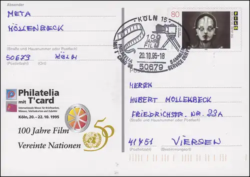 PSo 39 Philatelia Köln mit T'card mit SSt Köln 100 Jahre Film & Kamera 20.10.95