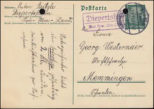 Landpost Diepertshofen über NEU-ULM (LAND) 13.6.1935 auf Postkarte P 226I