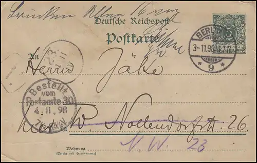 Postkarte 5 Pf. Ziffer als Orts-Postkarte BERLIN 9 - 3.11.98 nach Postamte 30 
