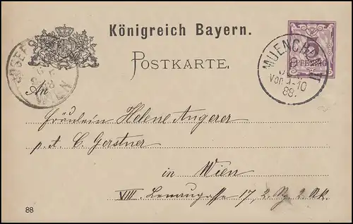 Bayern P 30/04 Ziffer 5 Pf. lila, Einkreis MÜNCHEN II. - 8.6.88 nach WIEN 1888