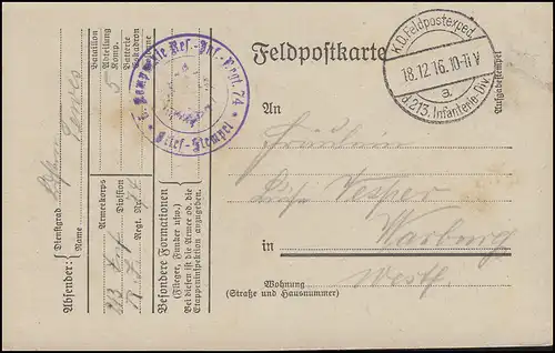 Feldpostkarte K.D. Feldpostexp. der 213. Infanterie-Division 18.12.16 n. Warburg