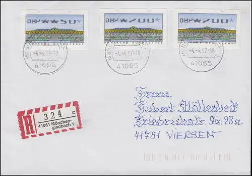 ATM 2.2.1X Sanssouci 50+200+200 Pf. Teildruck auf R-Brief Mönchengladbach 4.4.97