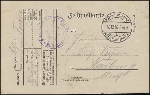 Feldpostkarte K.D. Feldpostexp. der 213. Infanterie-Division 17.12.16 n. Warburg