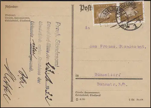410 Ebert 3 Pf MeF Orts-Postkarte Preußisches Standesamt DÜSSELDORF 1 gg 22.1.32