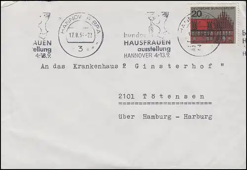 Bundes-Hausfrauen-Ausstellung Hannover 4.-13.9.1964, EF Brief Hannover 17.8.64