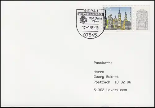 1772 Gera - Stadtansicht, EF FDC-Karte ESSt Gera Markenübergabe & Wappen 12.1.95