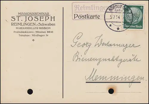 Landpost Reimlingen via NURDLINGEN (LAND) 5.7.34 sur carte Psot EF 6 Pf.