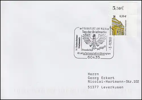 Tag der Briefmarke - Partnerschaft mit Birmingham, EF Bf SSt Frankfurt 3.9.2006 
