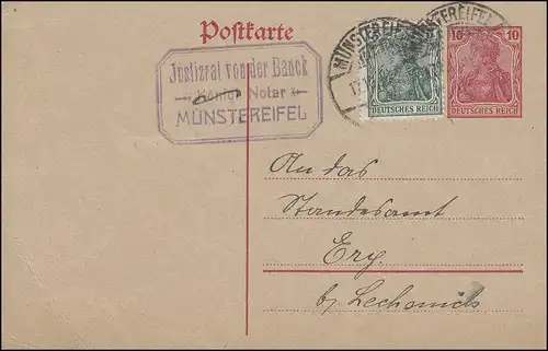 Postkarte P 107I mit Germania 5 von MÜNSTEREIFEL 30.10.19 nach Erp / Lechenich