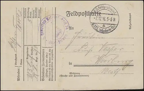 Feldpostkarte K.D. Feldpostexp. der 213. Infanterie-Division 7.12.16 n. Warburg