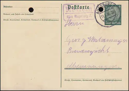 Landpost Reutern über AUGSBURG 2 - 11.5.1935 auf Postkarte P 226I nach Memmingen