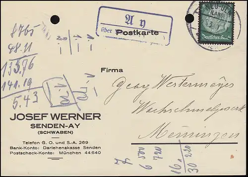 Landpost Ay über NEU-ULM (DONAU) 29.4.1935 auf Postkarte mit EF 6 Pf.