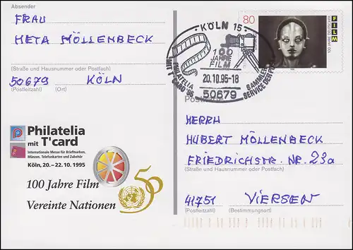 PSo 39 Philatelia Cologne avec T'card avec SSt Cologne 100 ans Film 20.10.95