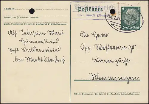 Landpost Balteratsried sur le marché Oberdorf Carte postale du courrier ZUG 2315 - 24.5.39