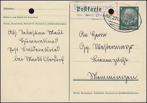 Landpost Balteratsried über Markt Oberdorf Postkarte Bahnpost ZUG 2315 - 24.5.39