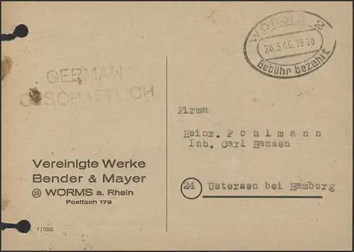 Gebühr-bezahlt-Stempel Postkarte Worms 28.3.1946