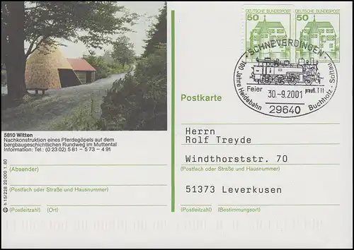 Bildpostkarte 5810 Witten & Heidebahn Buchholz-Soltau,SSt Schneverdingen 30.9.01