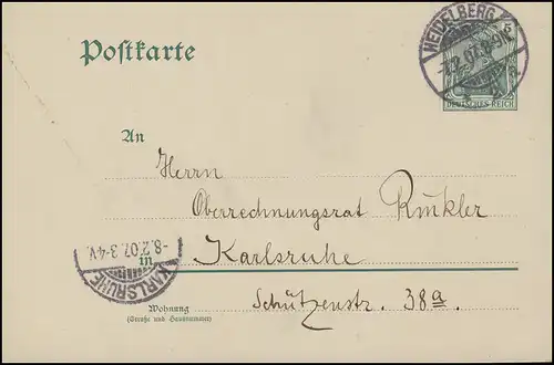 Postkarte P 64X Germania 5 Pf. HEIDELBERG 2a - 7.2.07 nach KARLSRUHE 8.2.07
