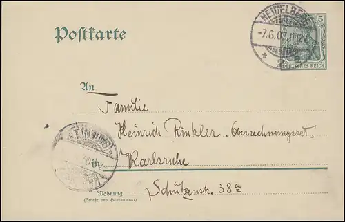 Postkarte P 64X Germania 5 Pf. HEIDELBERG 2a - 7.6.07 nach KARLSRUHE 7.6.07