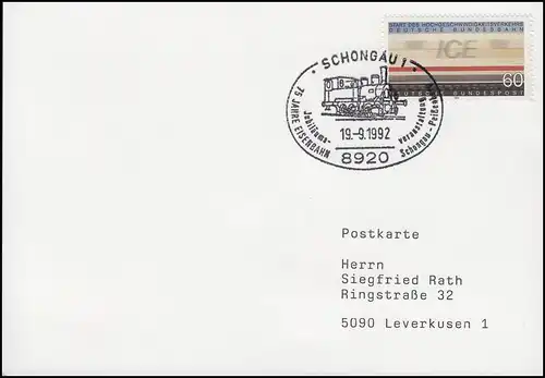 1530 Transport à grande vitesse ICE & Schongau-Peißenberg, carte postale SSt 19.9.92