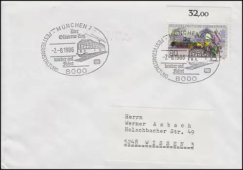 1264 Dampflok Adler & Scharrer & Der Gläserne Zug, Brief SSt München 2.8.1986 